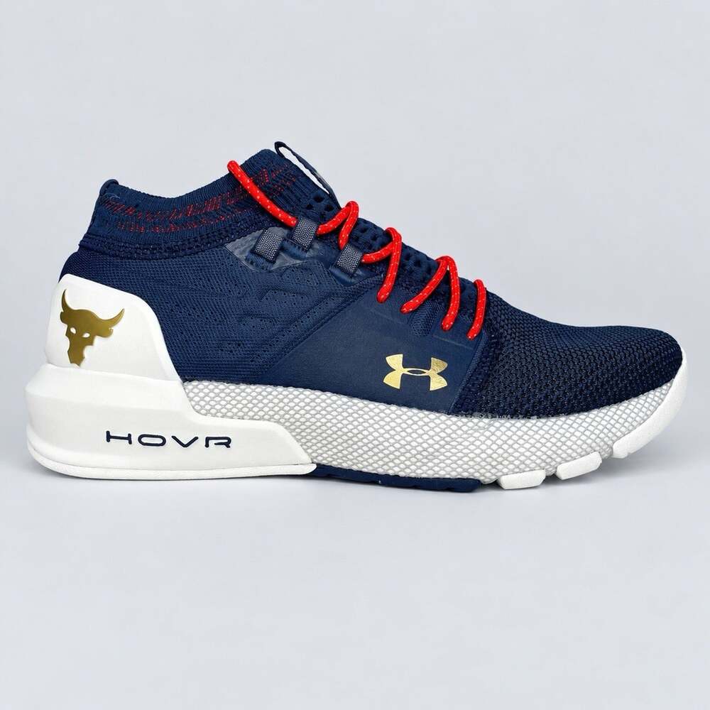 Under Armour HOVR Project Rock 2 Womens 7.5 Navy Gold Training Shoes 3022398-402